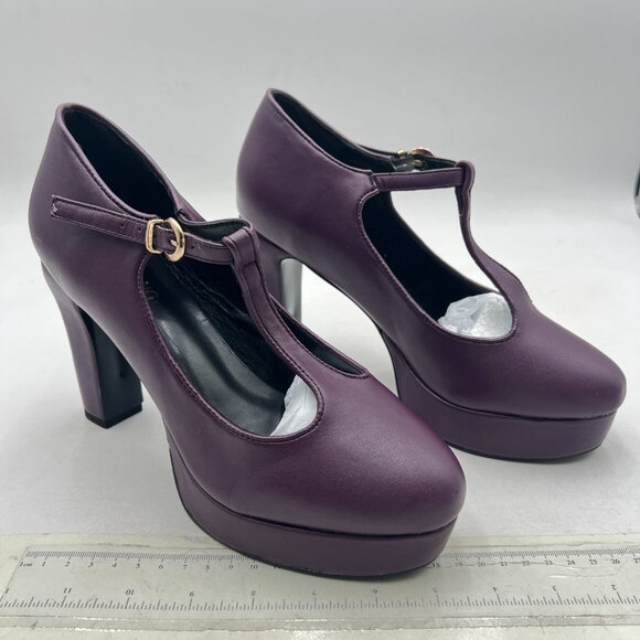 Maiyang Purple Round Toe T-Strap Platform Mary Jane Pumps Ankle Buckle Shoes - Picture 4 of 8